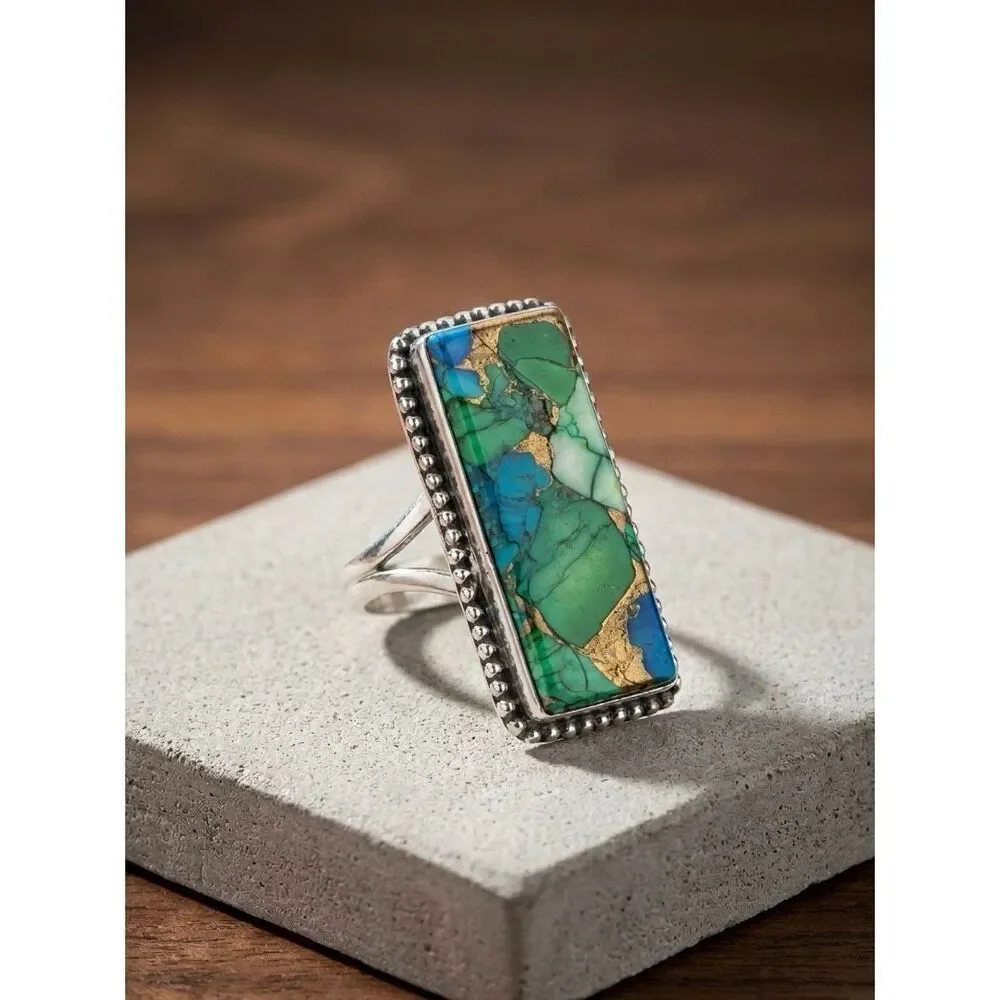 Peacock Dahlia Turquoise Statement Ring Artisan Silver Mosaic Rectangle Ring 7